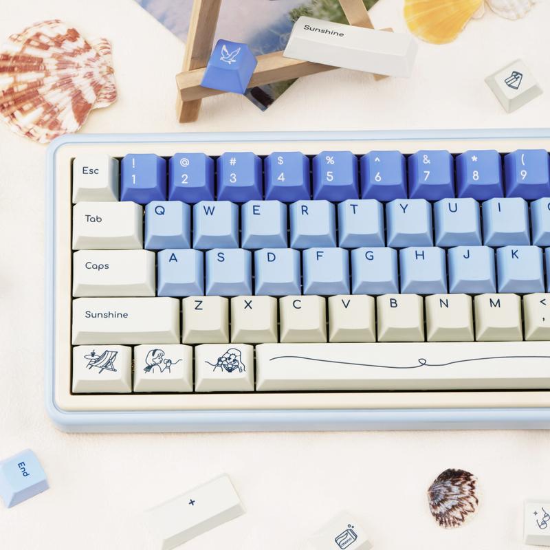 Blue White PBT Keycaps, MOA Profile, Custom Keyboard Keycap, Minimalist Style Dye Sub Keycaps, 130 Keys Anime Keycap Set for Cherry Gateron MX Switches Gaming Keyboard