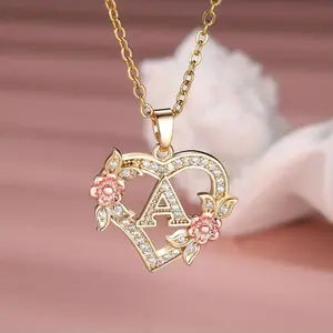 Elegant Heart-Shaped Pendant Necklace with A-Z Initials, Copper Zirconia Personalized Charm Jewelry, Crystal Beaded Necklace, Versatile Fashion Accessory for Women