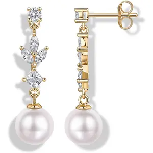 14K Gold Plated Cubic Zirconia Dangle Earrings for Women - Crystal Long Linear Bridal Drop Earrings - Cluster CZ Pearl Simulated Diamond Drop Dangle Wedding Jewelry for Brides & Bridesmaid