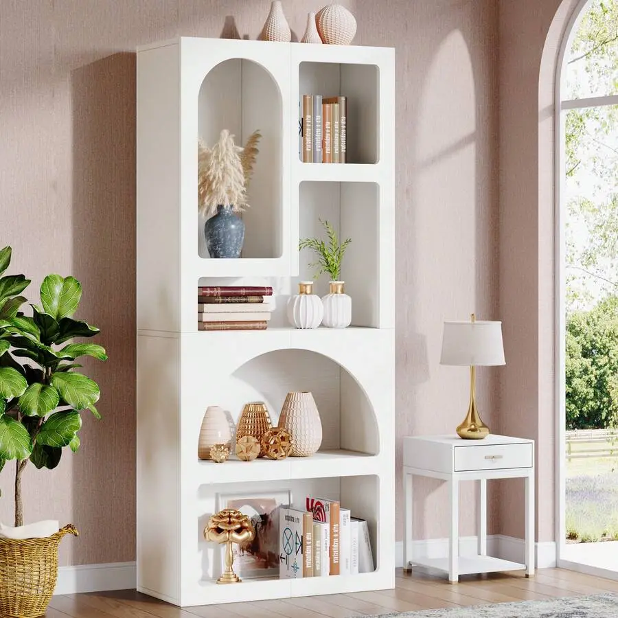 White Arched Bookshelf - 70.87" Height Curved Multi-Tier Vertical Living Room Furniture with 5 Irregular Storage Shelves, Free-Standing Open Display Shelf for Collectibles, Bedroom