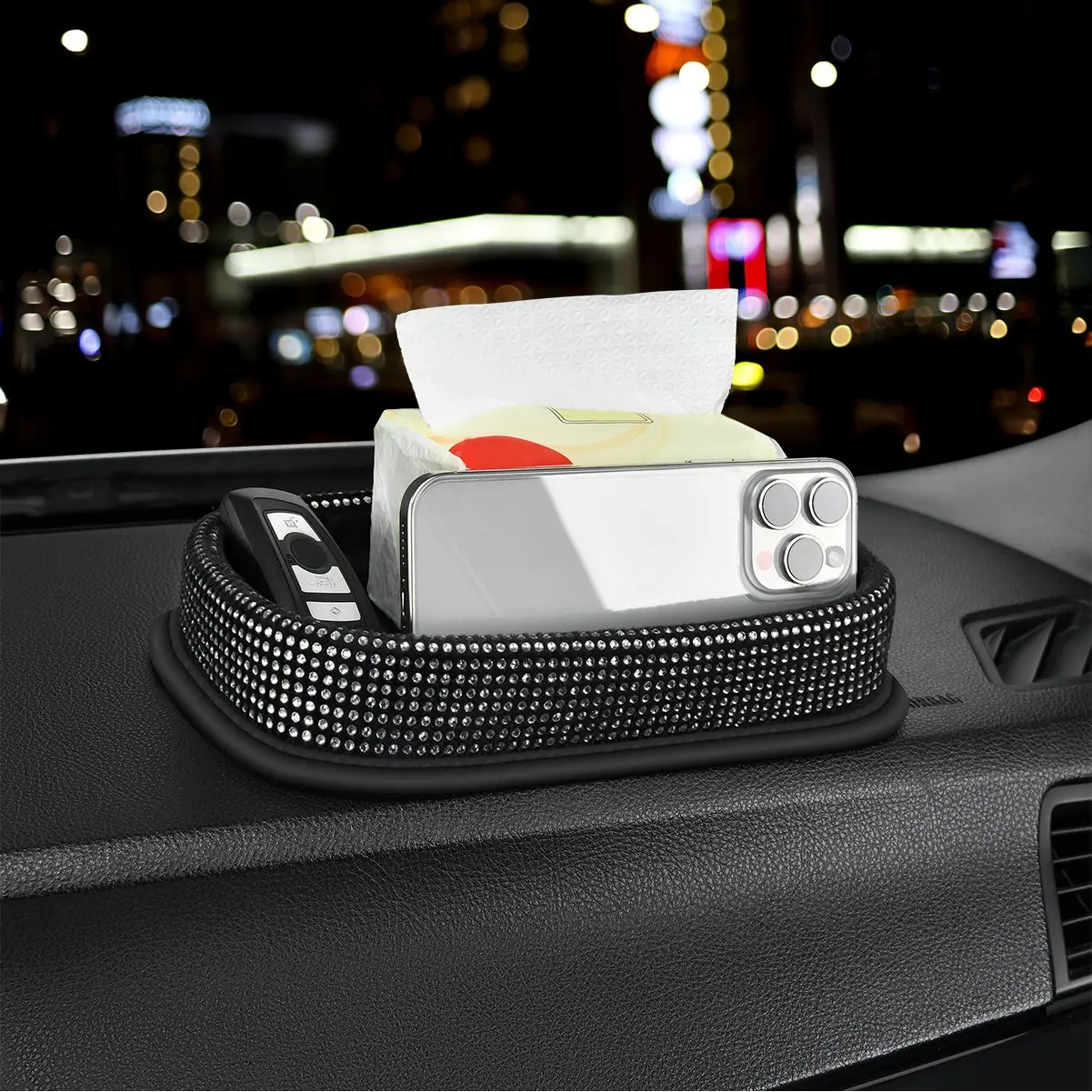 Car Dashboard Storage Tray, Car Interior Organizer Box, Sparkling Rhinestone Decorative Car Ornament, Vehicle Accessories