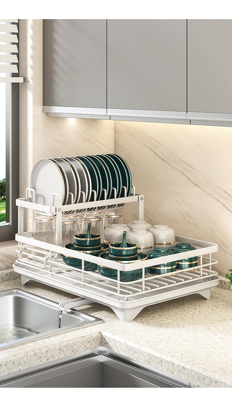 Two-Tier Large Metal Dish Rack for Kitchen Countertops, Space-Saving & Durable Design, Includes Slots for Knives Forks Cup Holders