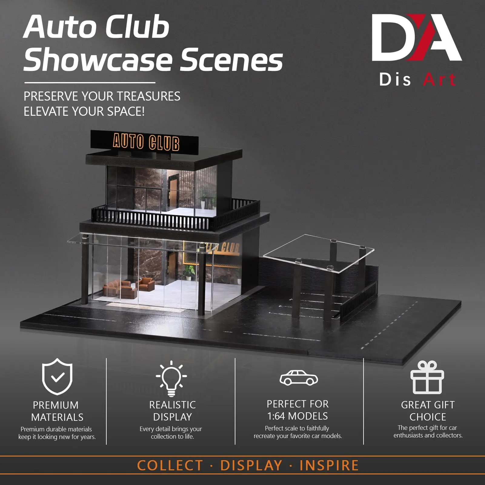 1:64 Scale Diorama Car Showroom Model - 2-Story Auto Club Building Display with 3-Color LED Lights, Miniature Garage Scene for Diecast Car Collectors