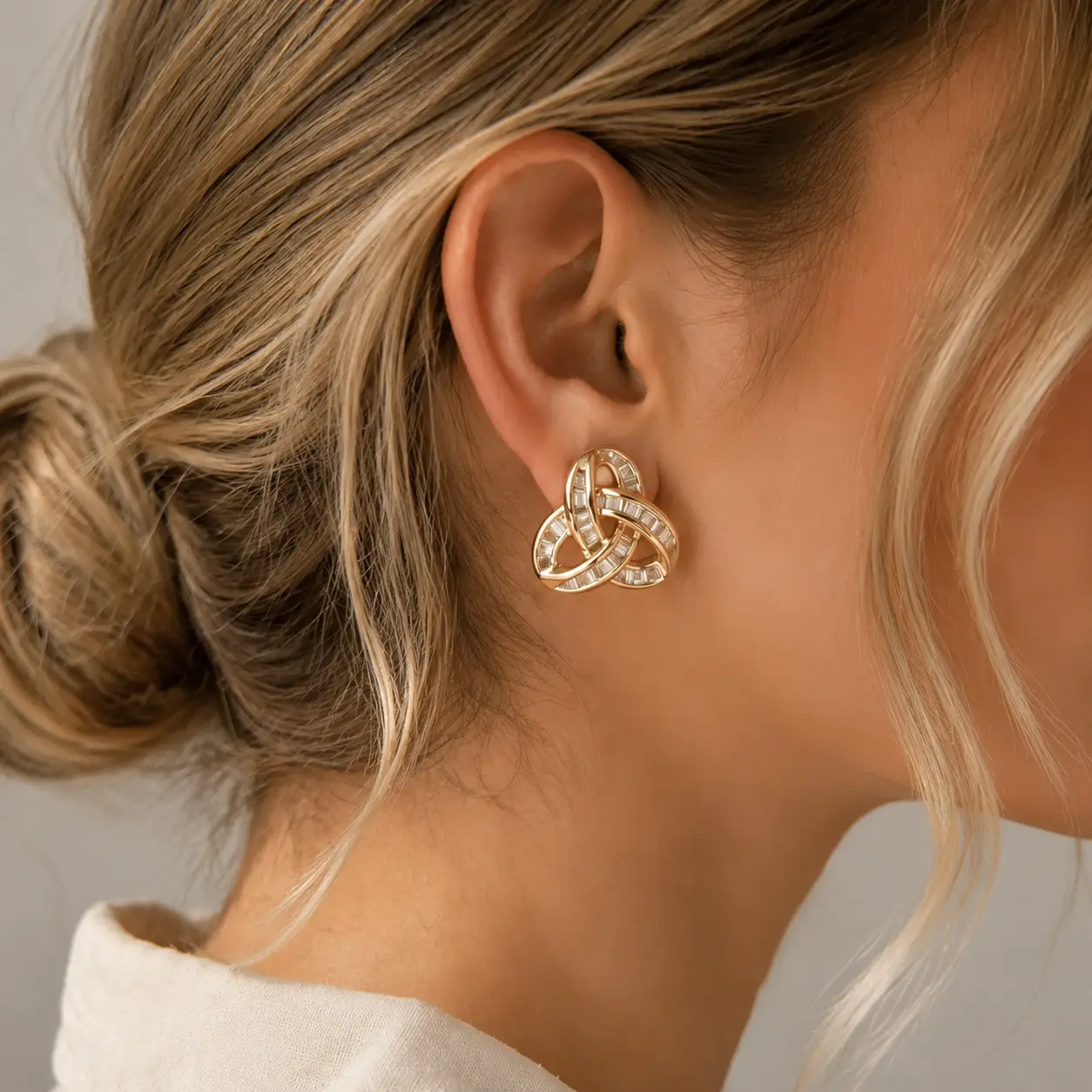 Women's Gold-Tone Triangle Knot CZ Crystal Stud Earrings - Geometric, Elegant Minimalist Costume Jewelry for Everyday Wear, Copper Base, Crystal Accent