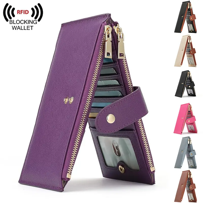 Women's RFID Blocker Bifold Wallet - Ultra Slim Casual Plain Basic Chic Vegan Leather Credit Card Holder, 2 Zipper Pockets, 2 ID Windows, 16 Card Slots, Thin Compact Size, Vegan Pu, Wallets For Women