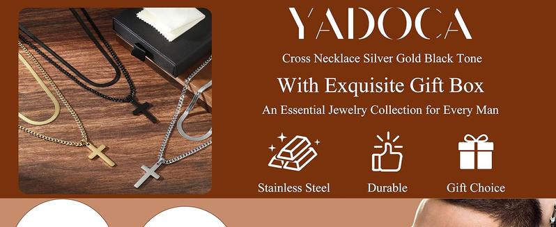 YADOCA Cross Necklace for Men - 14K Plated Gold Silver Black Plated Stainless Steel Layered Cross Chain Crucifix Necklace Cuban Link Herringbone Chain Box Chain Cross Pendant Fashion Jewelry Gifts 16 18 20 22 24 Inches YADOCA Cross Necklace for Men - 14K Plated Gold Silver Black Plated Stainless Steel Layered Cross Chain Crucifix Necklace Cuban Link Herringbone Chain Box Chain Cross Pendant Fashion Jewelry Gifts 16 18 20 22 24 Inches