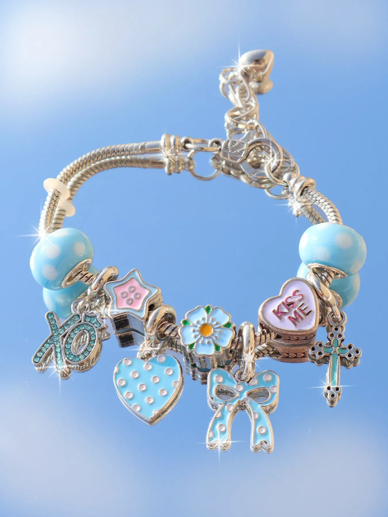 Polka Dot Bow Heart Charm Bracelet, Xoxo Slogan Bracelet, Star Bear Bracelet, Cute Fashion Accessory for Women, Perfect Gift Idea