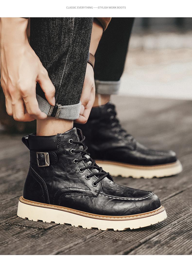 Men's Brown Classic Work Boots - Leather Upper with Belt Buckle Brown Lace-Up Ankle-High Design Non-Slip Rubber Sole for Hiking & Daily Casual Steel Toe Footwear Boy Memory Foam-Like Comfort Cushioning Adjustable Straps for Comfort Fit Durable Waterproof