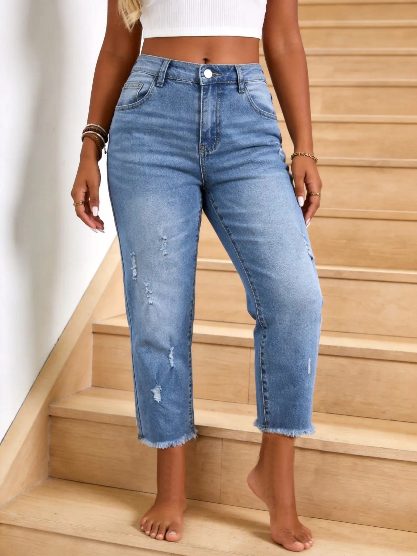 Wide Leg Eighteen Inch Jeans, High Waist Casual Chic Fashion, Perfect for Home and Outdoor Activities, Blue Denim Jeans with Distressed Hem
