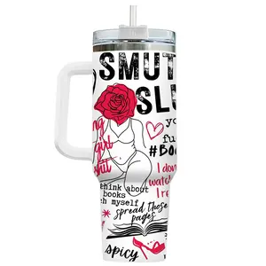 1 pc 40oz Insulated Mug with Handle and Straw Lid, Double-Wall Vacuum Tumbler, Leak-Proof Large-Capacity Thermal Cup Keeps Drinks Hot 12 Hours and Cold 24 Hours, Smut Book Club Dark Rose Heart Print Gift for Women and Men, Insulated Travel Cup