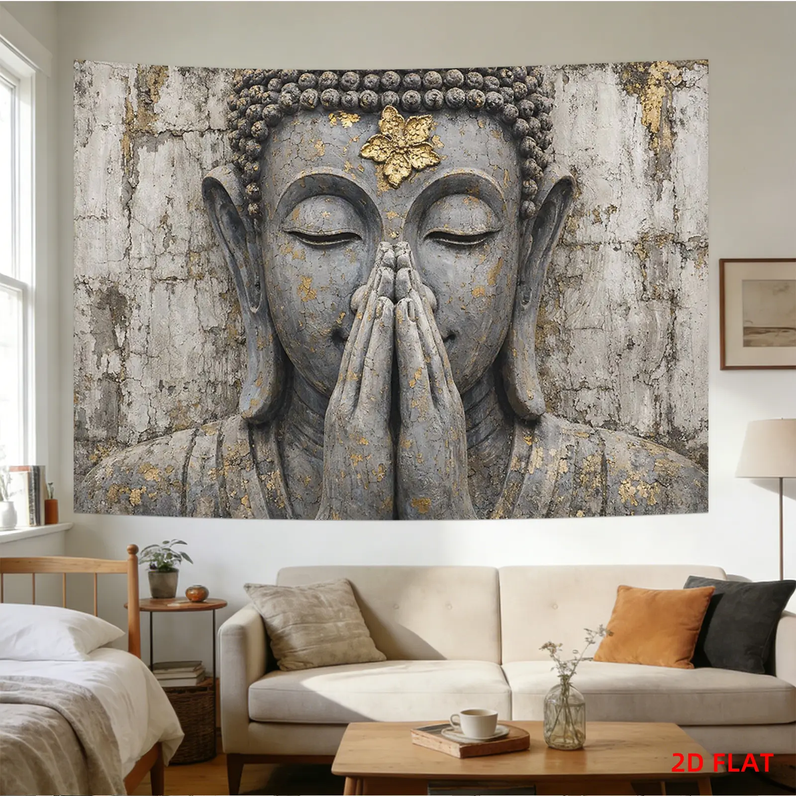 1 Large Size/small Size Pattern Printed Tapestry- Buddha Statue, Grey Stone, Prayer Gesture, Serene, Golden Accents., Room Wall Decoration, Non-luminous, Suitable for, Living Room, Meditation, Office, Party Decoration