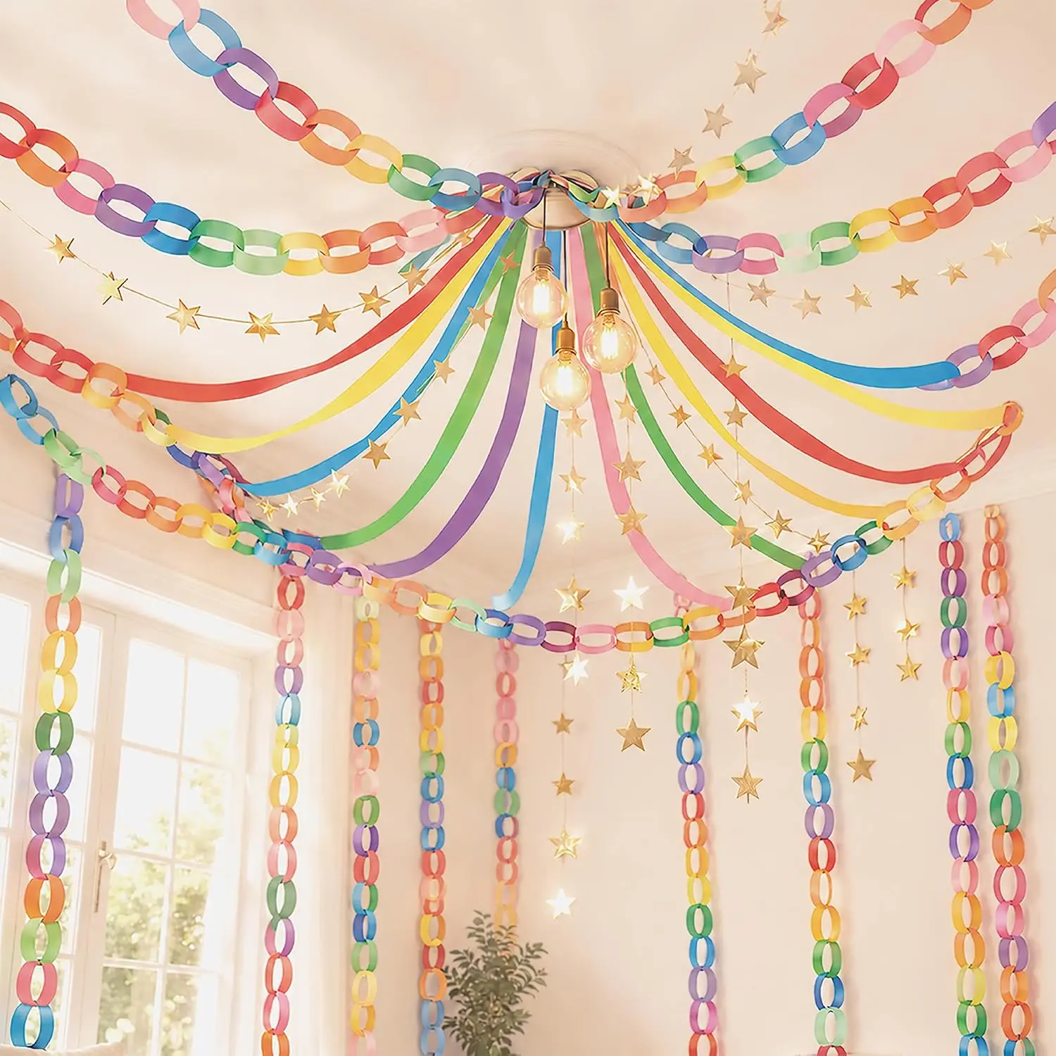 Rainbow Birthday Decorations Kit with Paper Chain Garland | Includes 492 ft crepe streamers, 300 paper chain strips and 78.6 ft garland for rainbow  decor