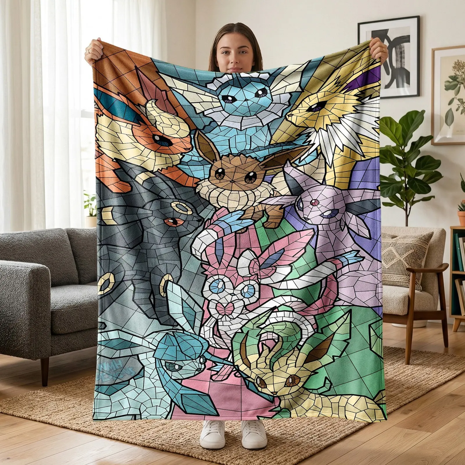 1pc Pokemon Eeveelutions Stained Glass Fleece Blanket, Mosaic Color Window All Eevee Evolutions Art Print. Soft Warm Throw for Sofa, Bed, Office, Camping Trip, Ideal Christmas Gift.