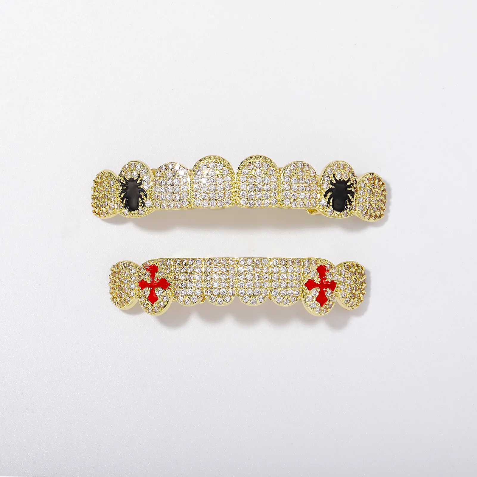 Iced Out Spider Red Cross Grillz Set, 18K Gold Plated Silver Tone 8 Teeth Caps, Paved Cubic Zirconia Adjustable Hip Hop Teeth Grillz for Men Women, Halloween Rapper Costume Jewelry