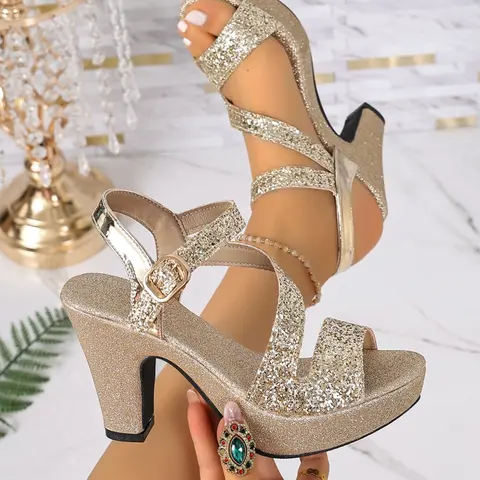 Women Open Toe Platform Block Heel Trendy All Over Glitter Two Strap Adjustable Buckle Ankle Strap High Heel Wedding Guest Prom Evening Party Outfits 1 Color Champagne Gold Fashionable Party Shoes