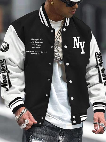 Men's Letter Print Baseball Collar Bomber Jacket, Loose Casual Sporty Long Sleeve Varsity Jacket for Fall & Winter, Men's Outerwear for Daily Wear