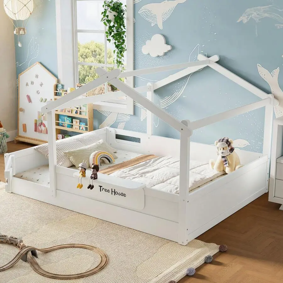 -Shaped Floor Bed With Guardrails And Roof, /Full/Twin Size Low Floor Bed With-In Tray And Detachable Signboard, Modern Canopy Floor Bed Frame Bedroom, Easy Assembly