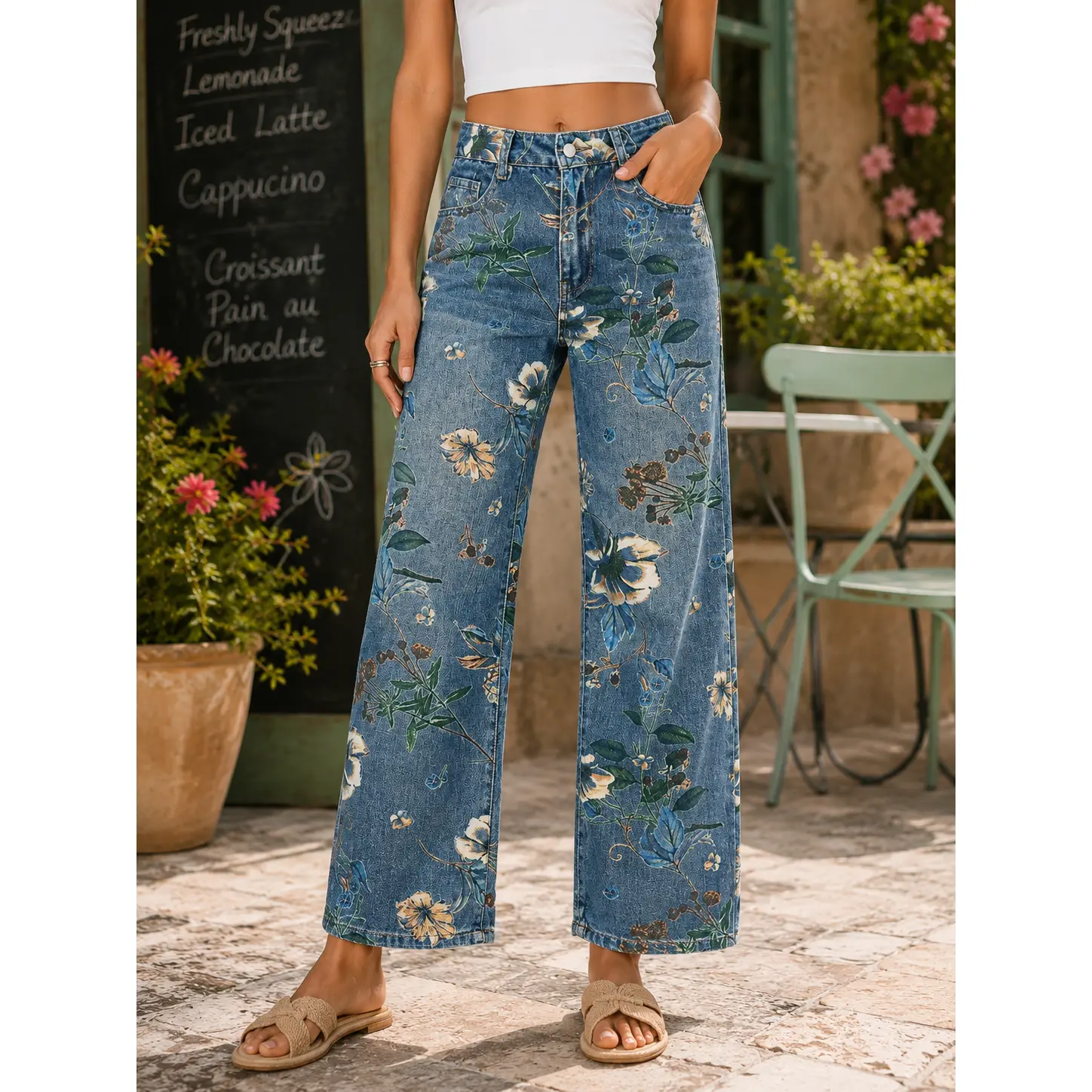 Women’s Floral Print Wide Leg Jeans, High Waist Straight Leg Denim Pants for Casual Daily Wear, Travel & Vacation Outfits Womenswear Blue