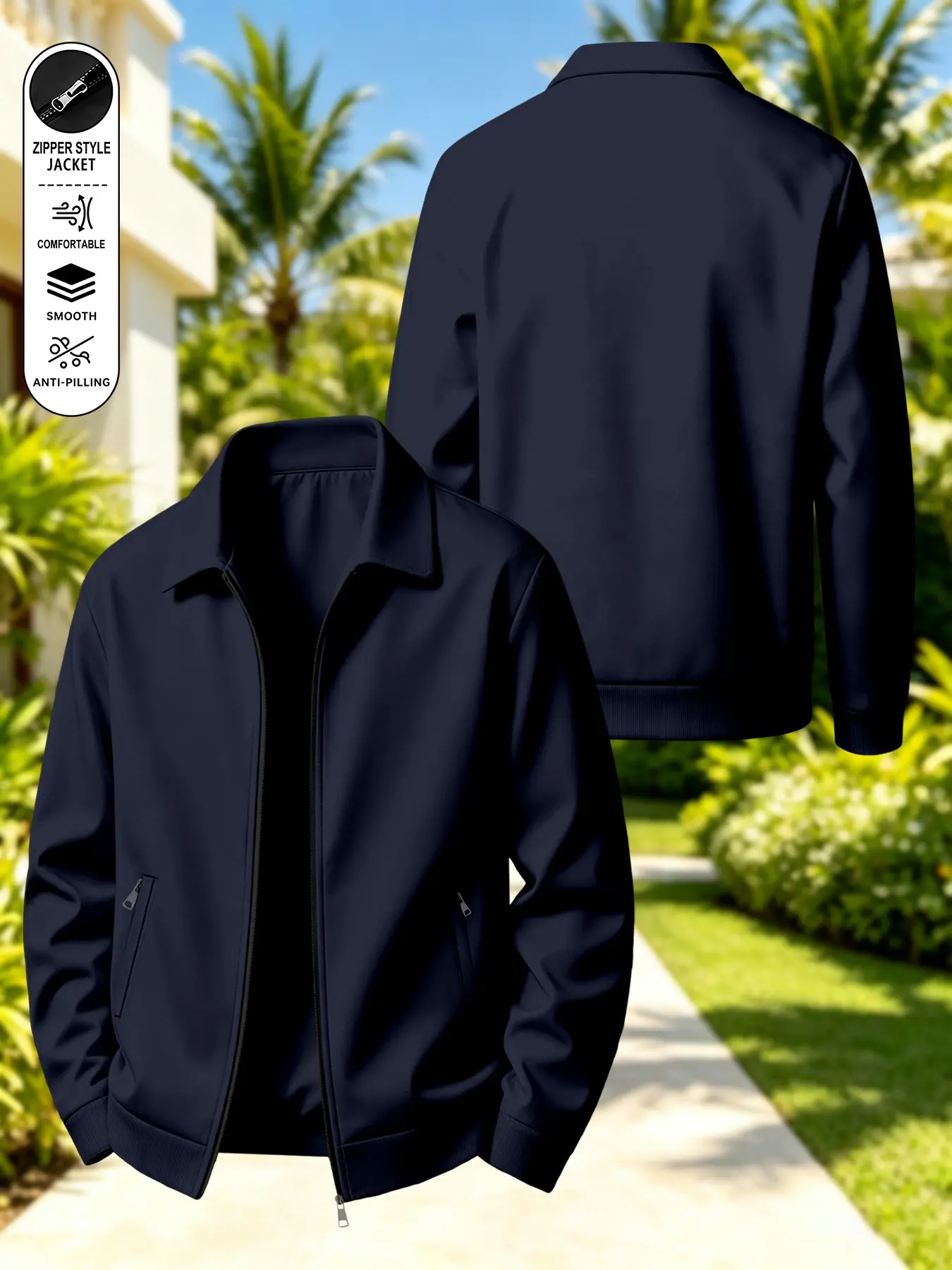 Men's Spring Summer Full Zipper Jacket, Multi-Color Versatile Lapel Design, Wrinkle-Free Ironless, Anti-Drop Zip Pocket, Casual Business Style