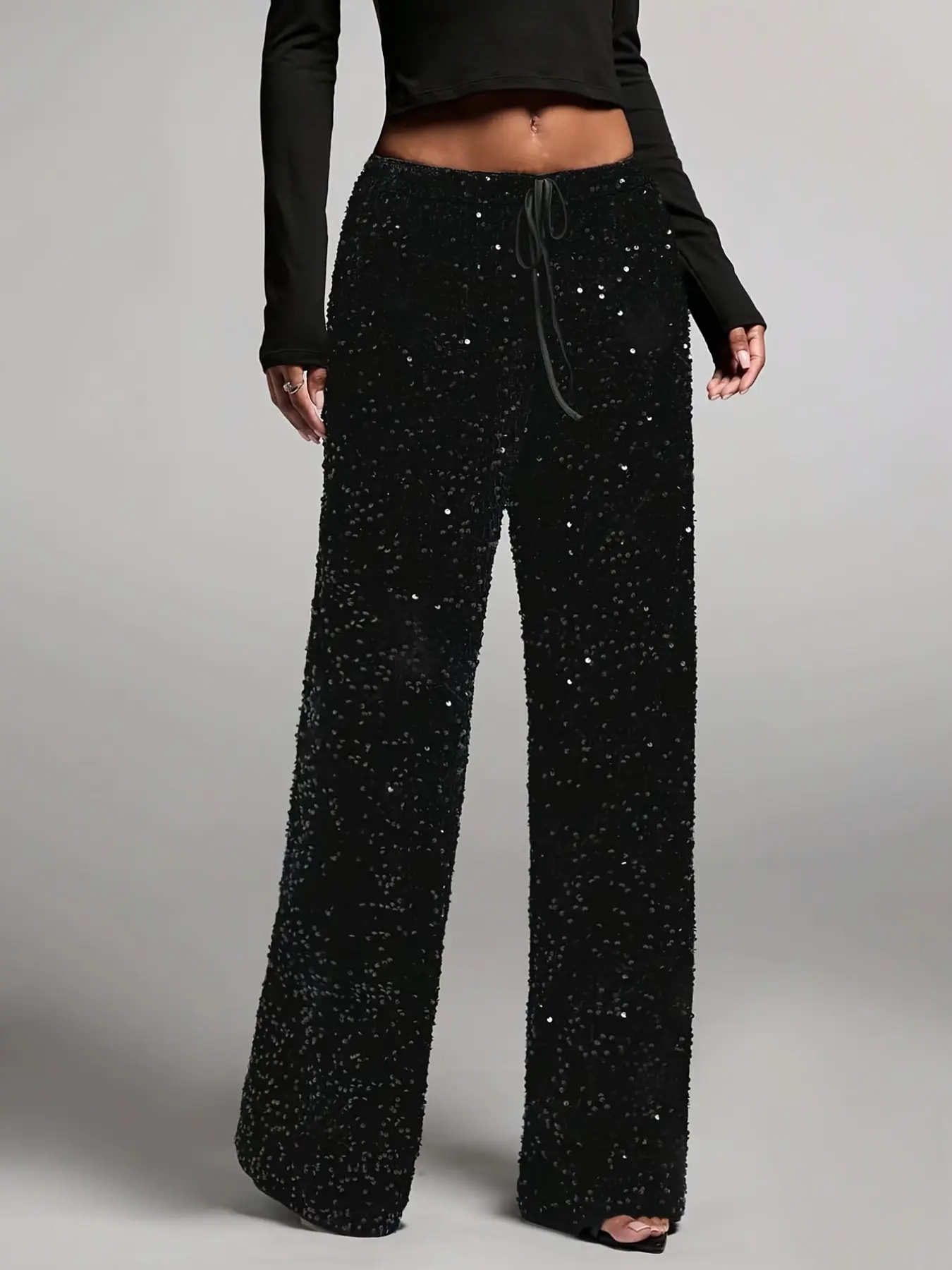 Women's Sequined Velvet Wide Leg Pants, Drawstring High Waist, Loose Fit Floor-Length, Party & Casual Wear, Perfect for Nightclubs & Events