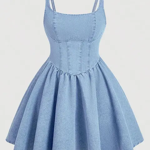 Women's Blue Denim Dress, Feminine Vintage Sexy Thin Straps Dress, Comfortable Casual Daily Wear