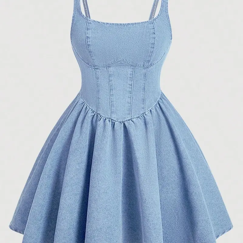 Women's Blue Denim Dress, Feminine Vintage Sexy Thin Straps Dress, Comfortable Casual Daily Wear