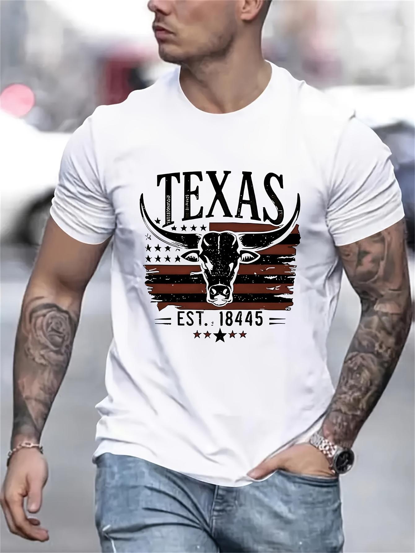 Texas Pride Bull Head T-Shirt Soft Comfortable Fabric Round Neck Short Sleeves Machine Washable Casual Summer Top for Men Streetwear Crewneck Shortsleeve Menswear Tshirt Top Man Biker Black Tropical