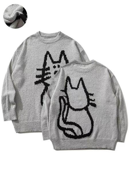 Autumn Winter New Cartoon Cat Pattern Long Sleeve Sweater Women's Small Design Retro Loose Knitted Shirt Lazy Style Round Neck Top