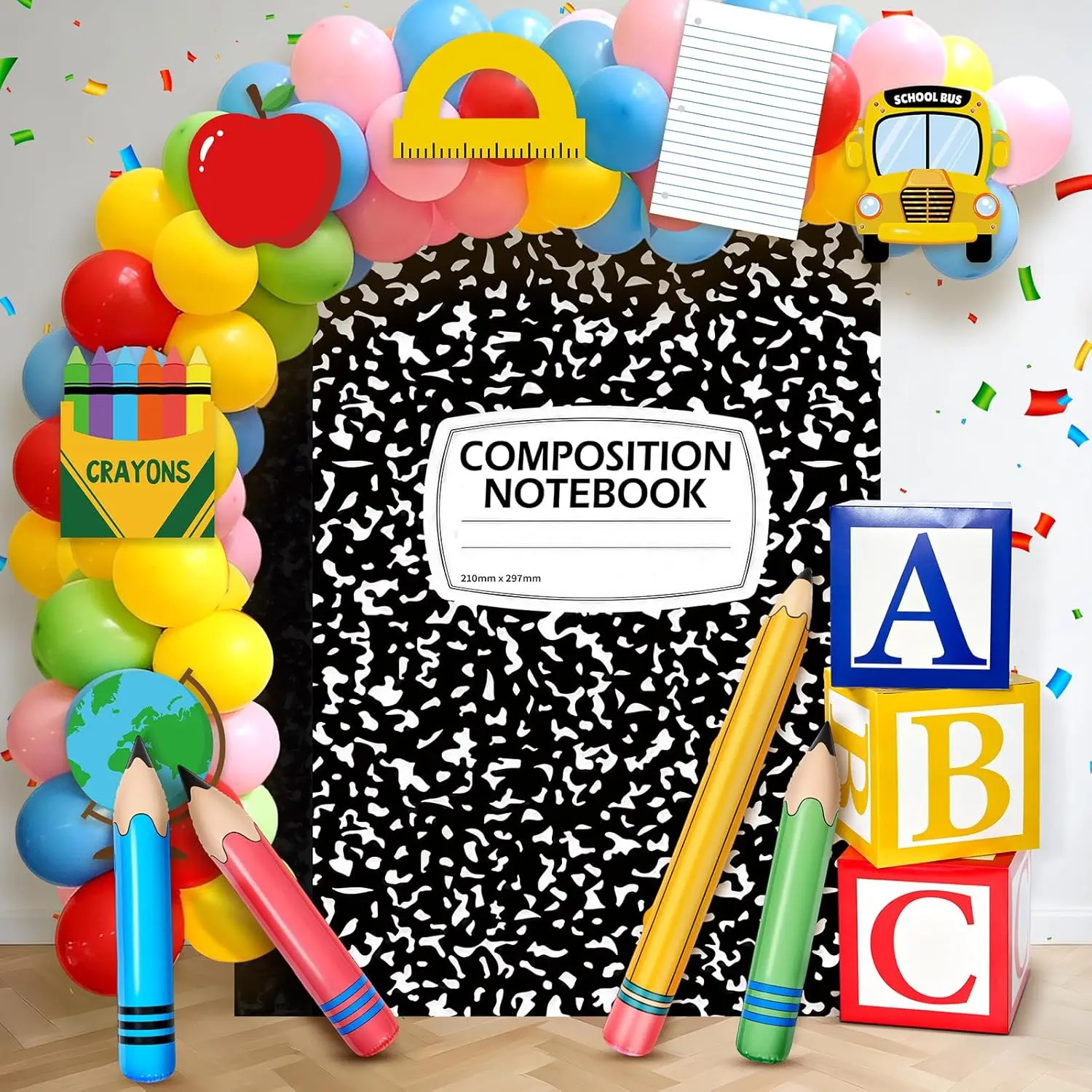14 Pcs Back to School Decorations Backdrop Photo Props| Alphabet ABC Box Backdrop Cardstock Large Inflatable Pencil for Classroom Back to School Party Favor (Composition Notebook)