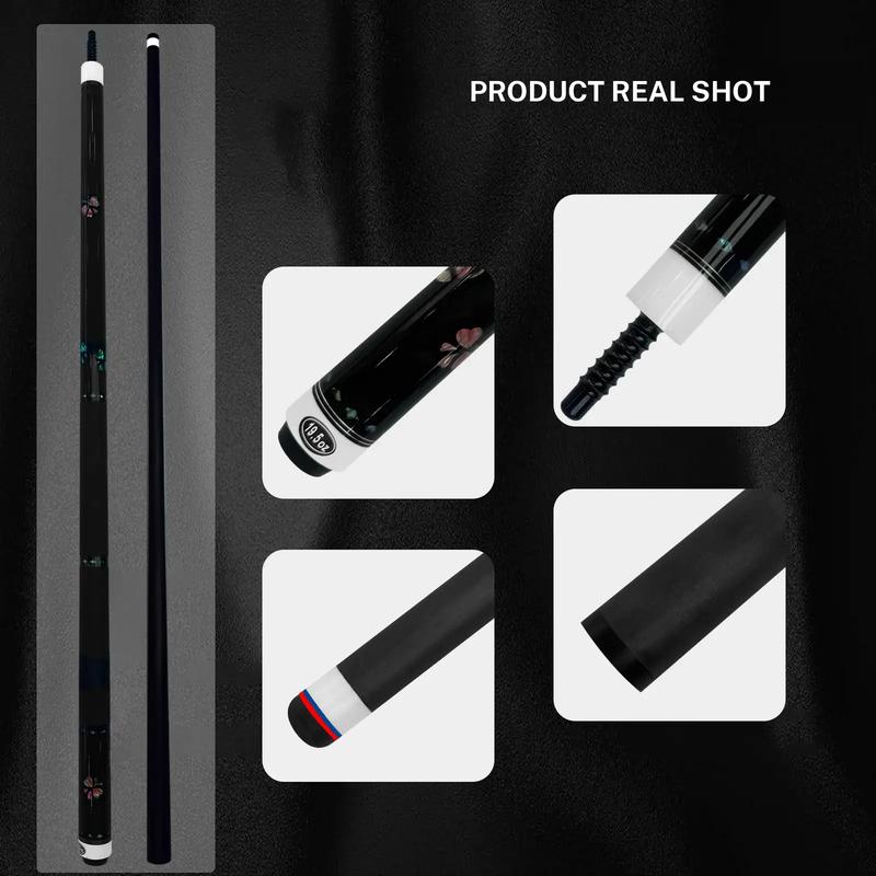 2026 new design billiard cue. Inlaying technique carbon fiber 1/2 billiard cue comes with a cue box and accessories. It features a 58 inch, 11.8mm cue tip Comes with cue case + leather tip + gloves + towel + chalk