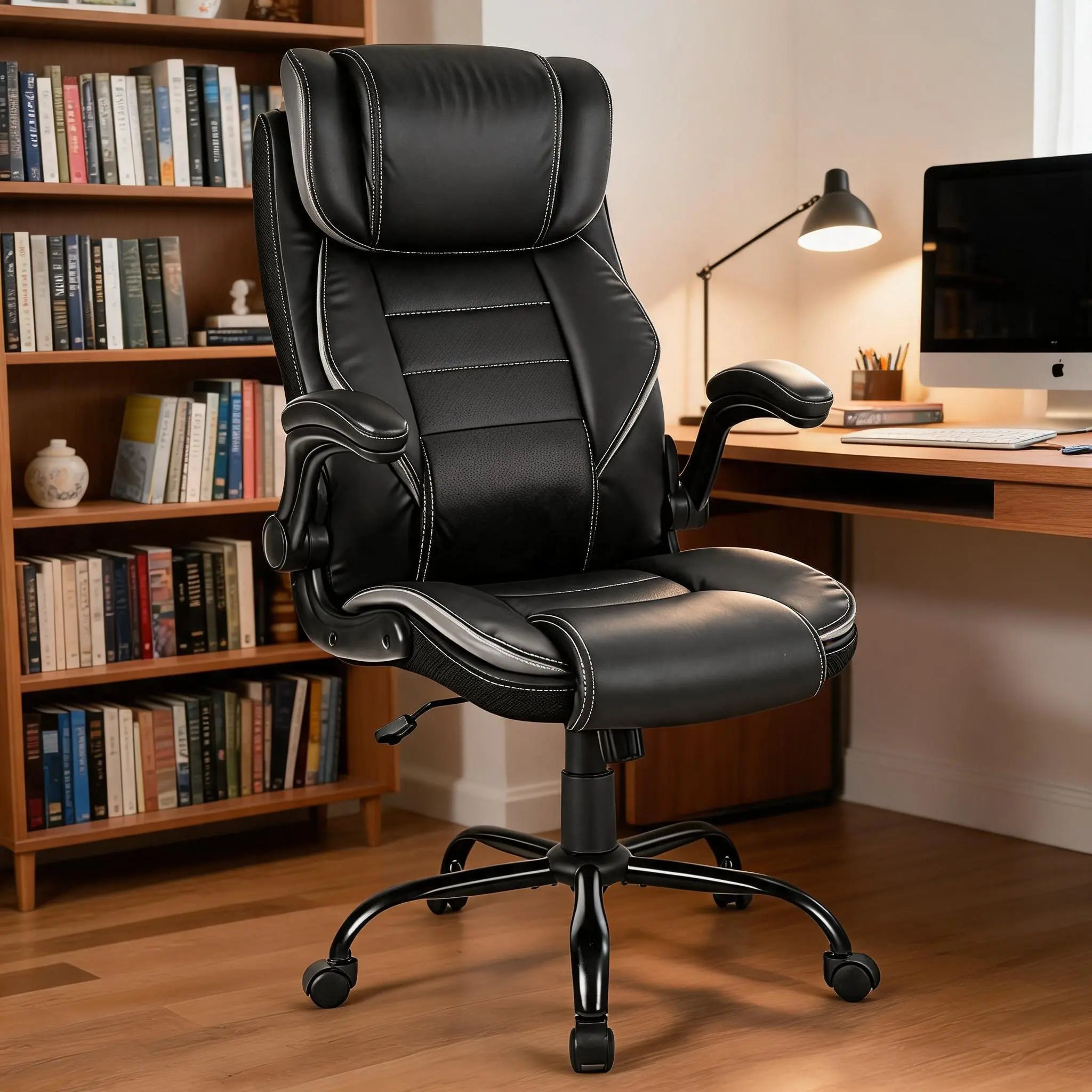 Big & Tall Executive Office Chair, 400 Lbs Capacity, Ergonomic High Back Leather Chair with Adjustable Headrest, Pocket Spring Lumbar Support, Extra Wide Seat & Flip-Up Armrests, Swivel Reclining Desk Chair for Home & Office