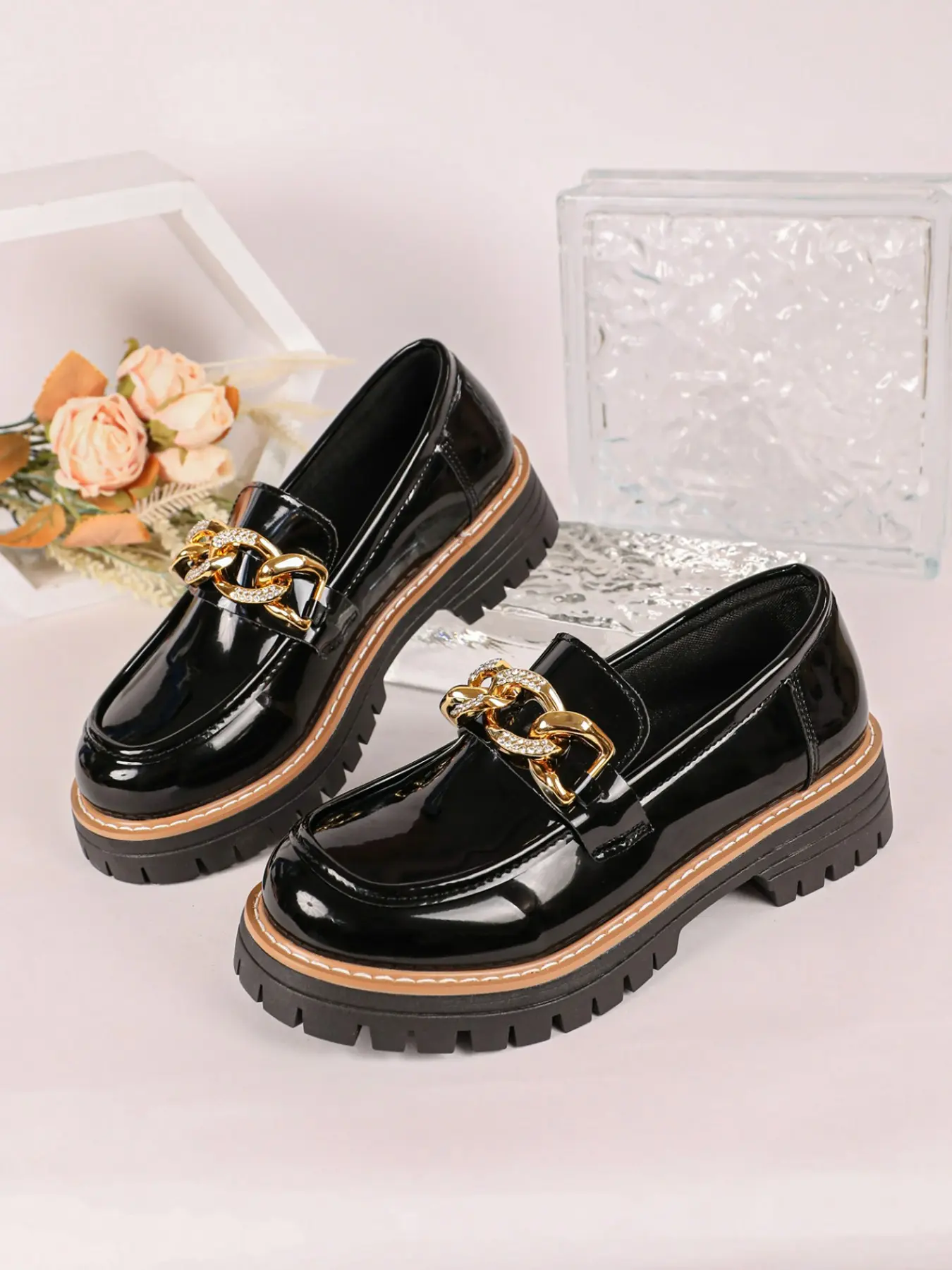 Women's Comfortable Thick Sole Loafers, Chain Diamond Decoration, Spring Summer Office School Shoes, Fashion Durable Women's Shoes