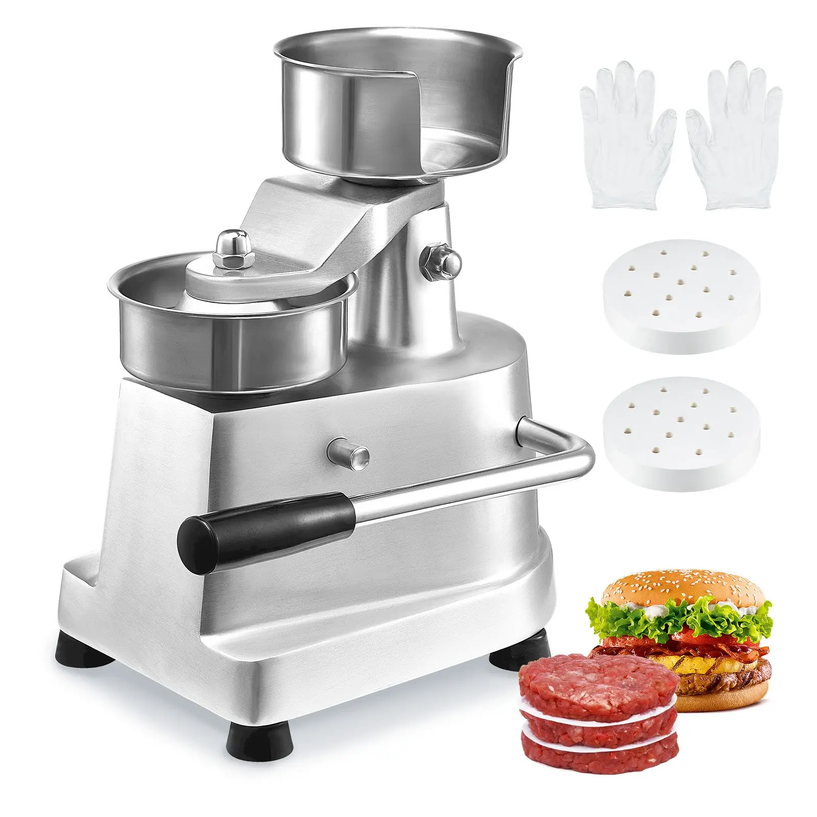 Commercial Burger Patty Maker, 100mm/4inch Hamburger Beef Patty Maker, Heavy Duty Food-Grade Stainless Steel Bowl Burger Press Machine, Kitchen Meat Forming Processor with 1000 Pcs Patty Papers