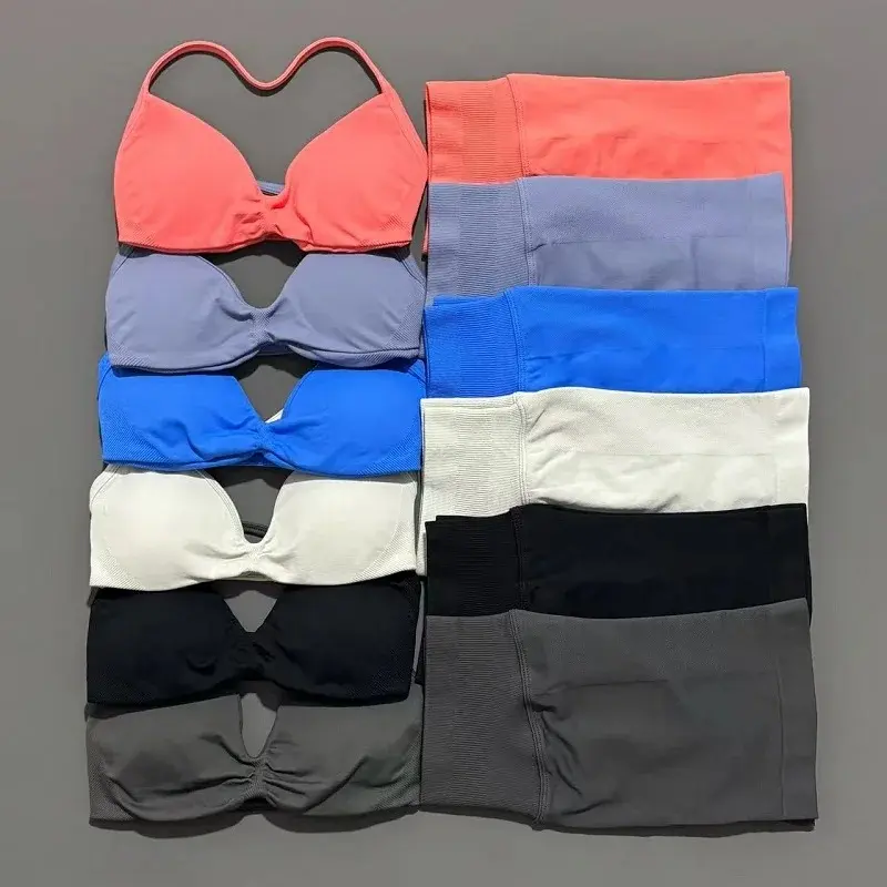 2 Pieces Yoga Gym Set Women Seamless Strappy Yoga Bra Waist Workout Scrunch Shorts Set Fitness Clothes Sportswear,Leggings,Backless,Halter,Crop,Butt,stylish,activewear,,daily,outfit,,Insulated,Hunting,Camo,mfvim,woman,,athletic,