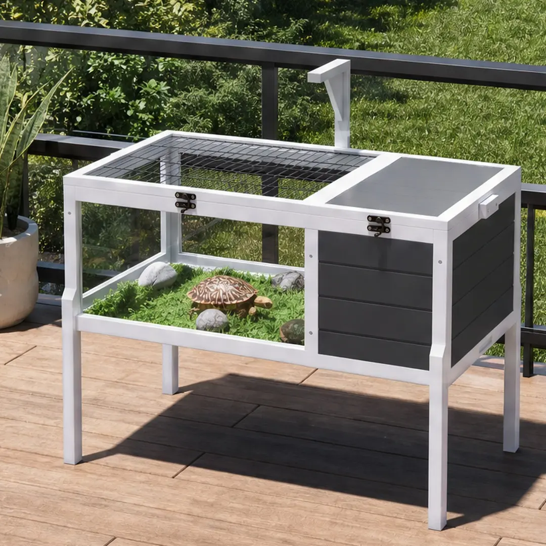Large Size Solid Wood Rectangle Reptile Terrarium - 25.40w x37.90d x29.40h in, 18.00 lb, Built-In Lamp Holder, Observation Window, 2 Removable Waterproof Trays, Detachable Legs, Lockable Top & Doors, Easy-Clean Indoor Outdoor Tortoise Habitat, Gray, Repti