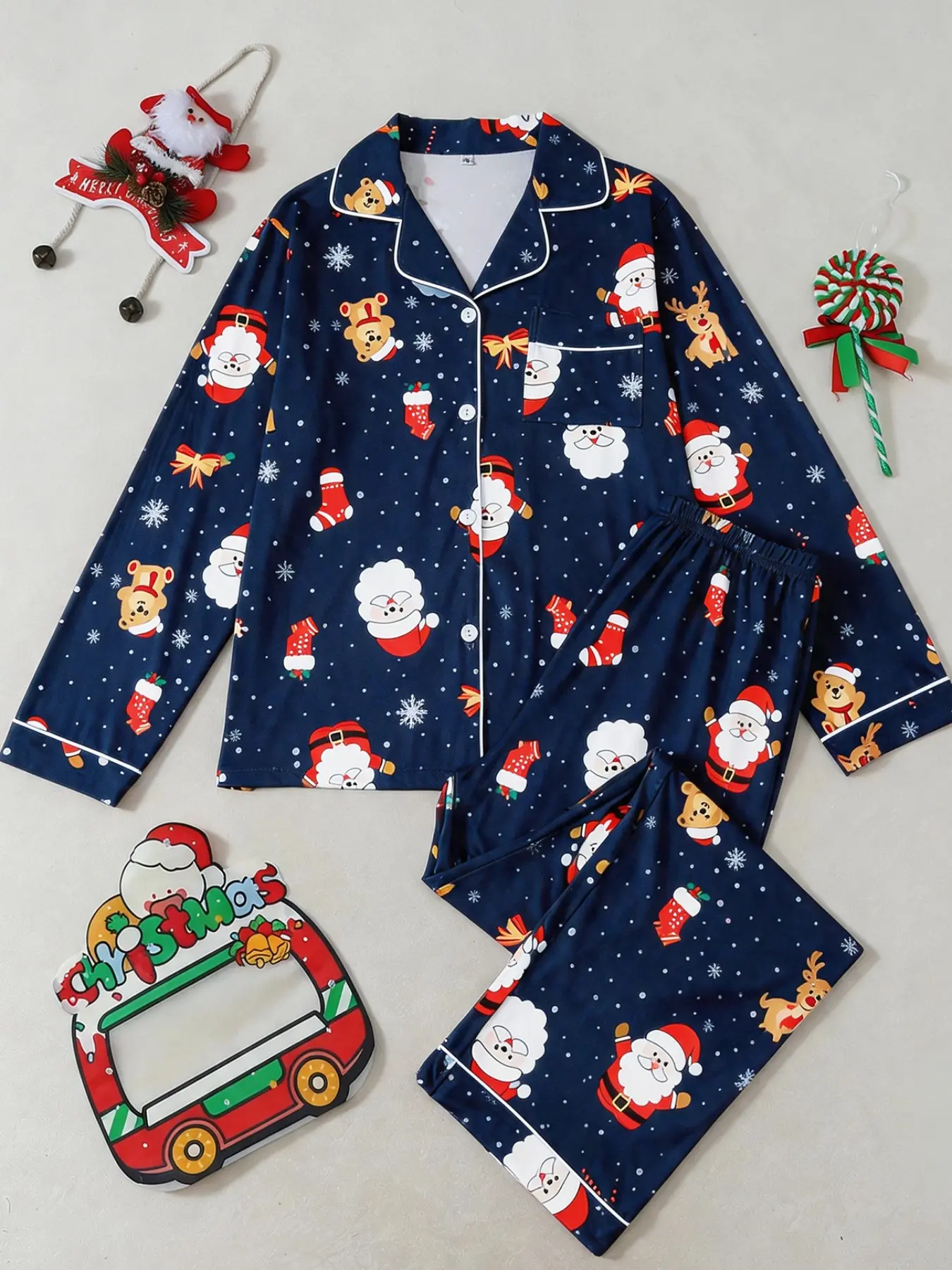 Christmas Pajama Set for Women, Base Reindeer Print, Breathable Fabric, Loose Fit, Long Sleeve, Fall & Winter Casual Sleepwear