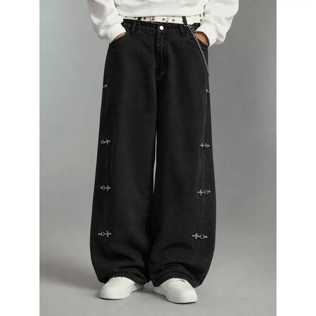 Distressed Black Side Buckle Balloon Jeans, Draped Wide Barrel Denim Pants, Street Hip Hop Oversized Trousers, Fashion Black Jeans for Hangouts, Skateboarding & Street Photography