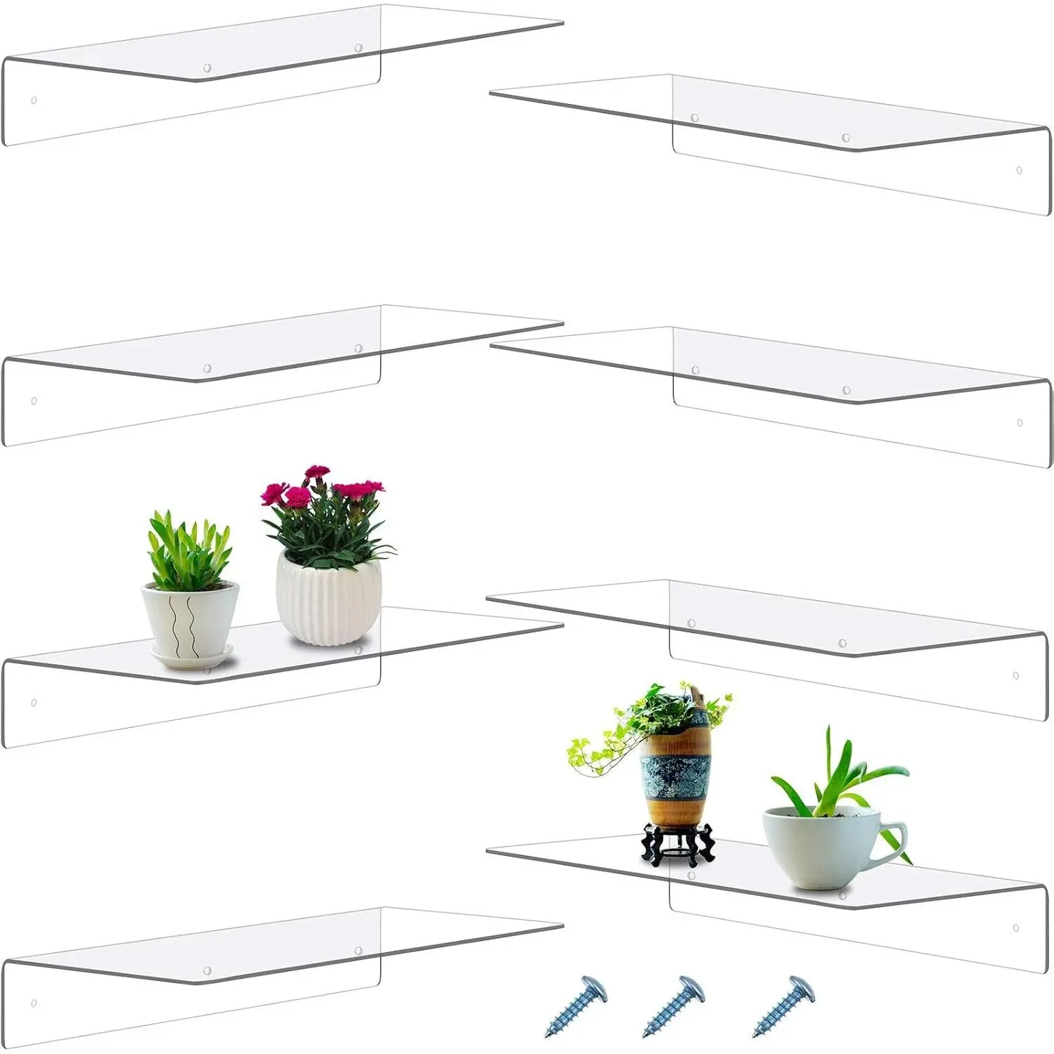 8 Pcs Clear Acrylic Floating Shelves for Wall, 14" Invisible Wall Mounted Display Shelves, Space-Saving Shelf Organizer for Books, Plants, Pictures, Makeup, Records, Bathroom Bedroom Office
