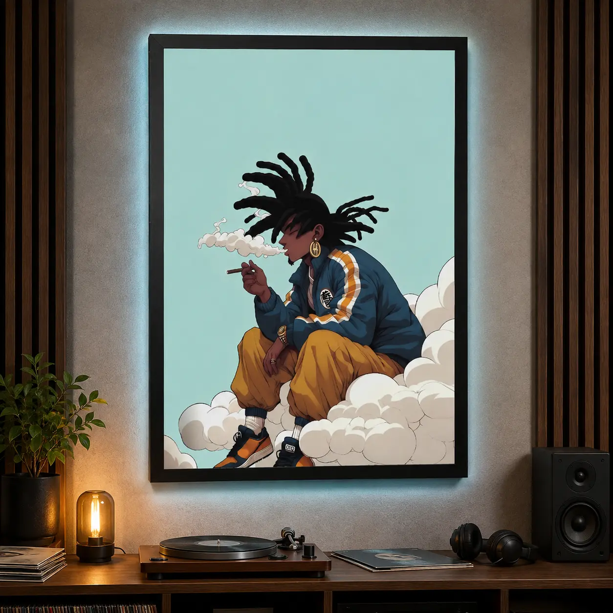 Urban Cloud Rider Framed Canvas Wall Art Poster,Retro Hip Hop Character Poster for Music Room, Bedroom, Studio or Dorm Decor, Gift for Rap Fans
