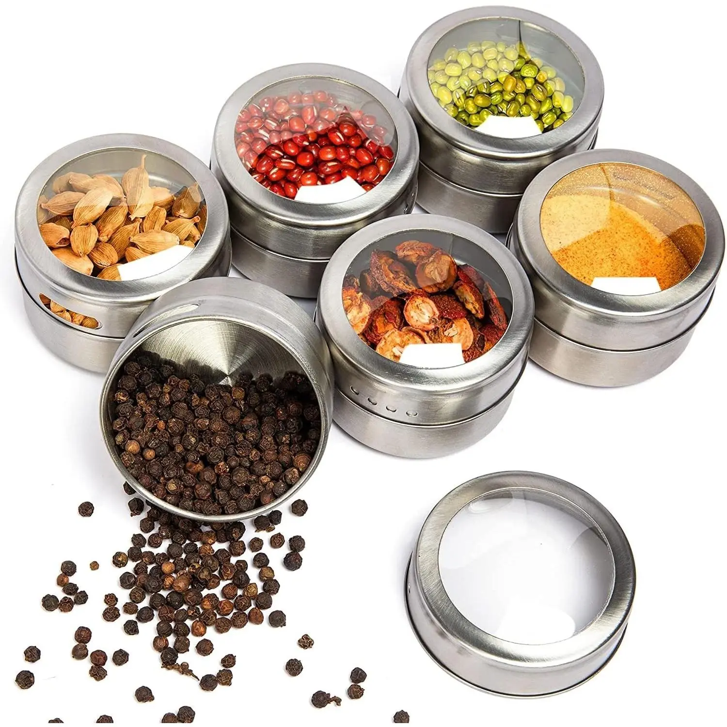 Stainless Steel Magnetic Spice & Condiment Canister Set - 6-Piece 75ml (2.5oz) Metal Tin Jars with Adjustable Pour Vents, Leak-Proof Holder for Kitchen Countertops, Refrigerator Storage