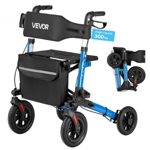 VEVOR Rollator Walker with Seat for Seniors, Ultra Compact 3-Fold Rolling Walker, Lightweight Aluminum Mobility Walking Aid with PU Solid Wheels, Adjustable Handle, Cup & Cane Holder - Supports 300LB