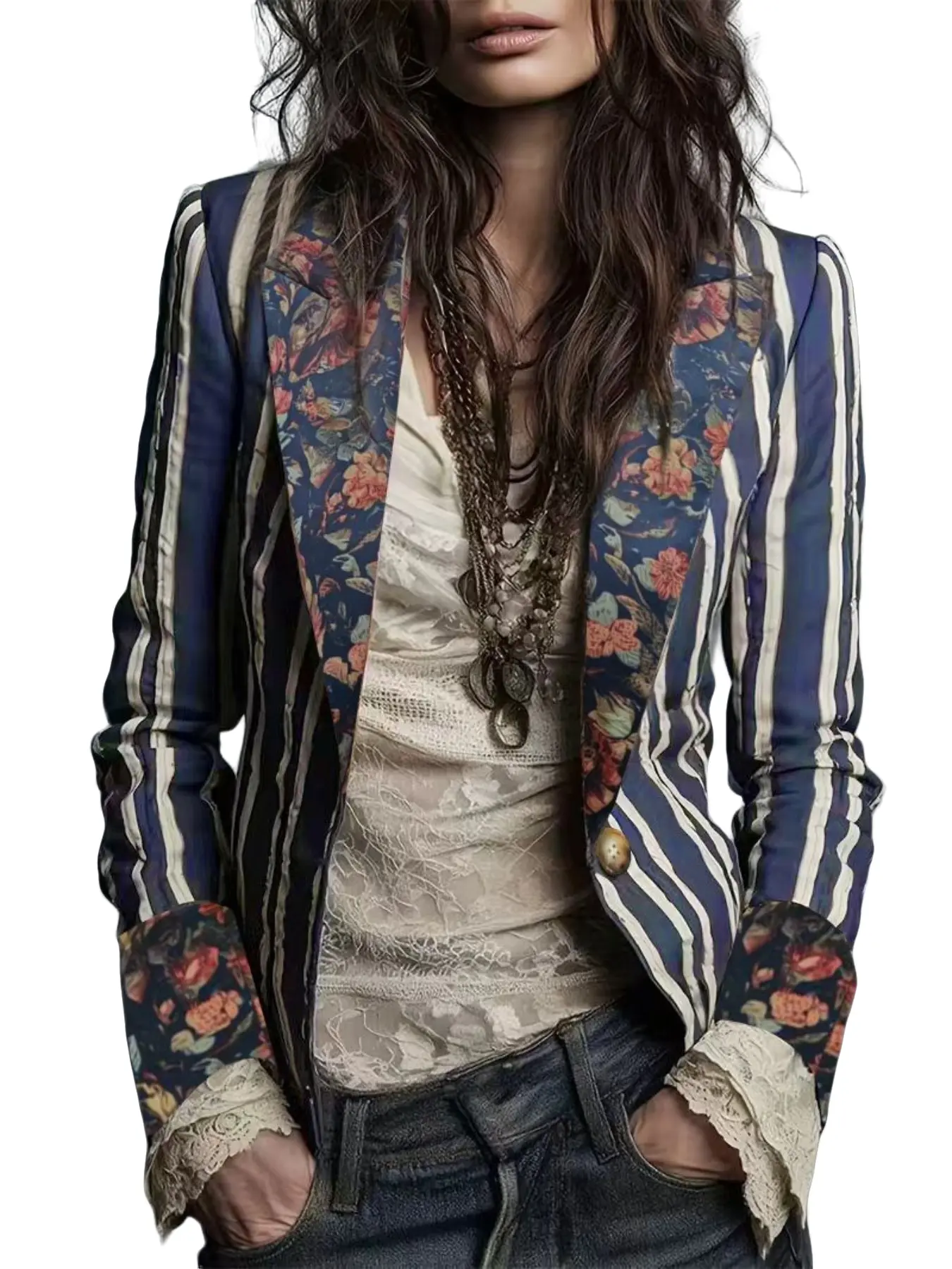 Autumn Winter New American Retro Boho Striped Suit Jacket for Women, Color Block Oil Painting Floral Notch Lapel Small Blazer, Casual Slim Fit One Button Sleeveless Outerwear
