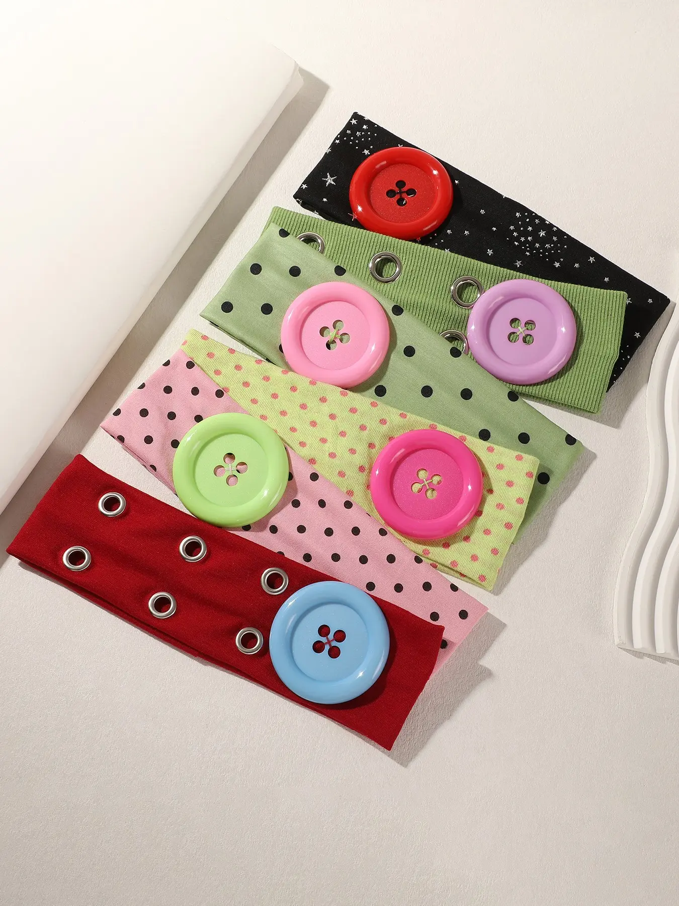 6pcs Y2K Large Button Headbands for Women, Polka Dot Star Colorblock Wide Band, Retro Girl Style, Casual All Seasons Hair Accessories, Elastic Fashion Headbands