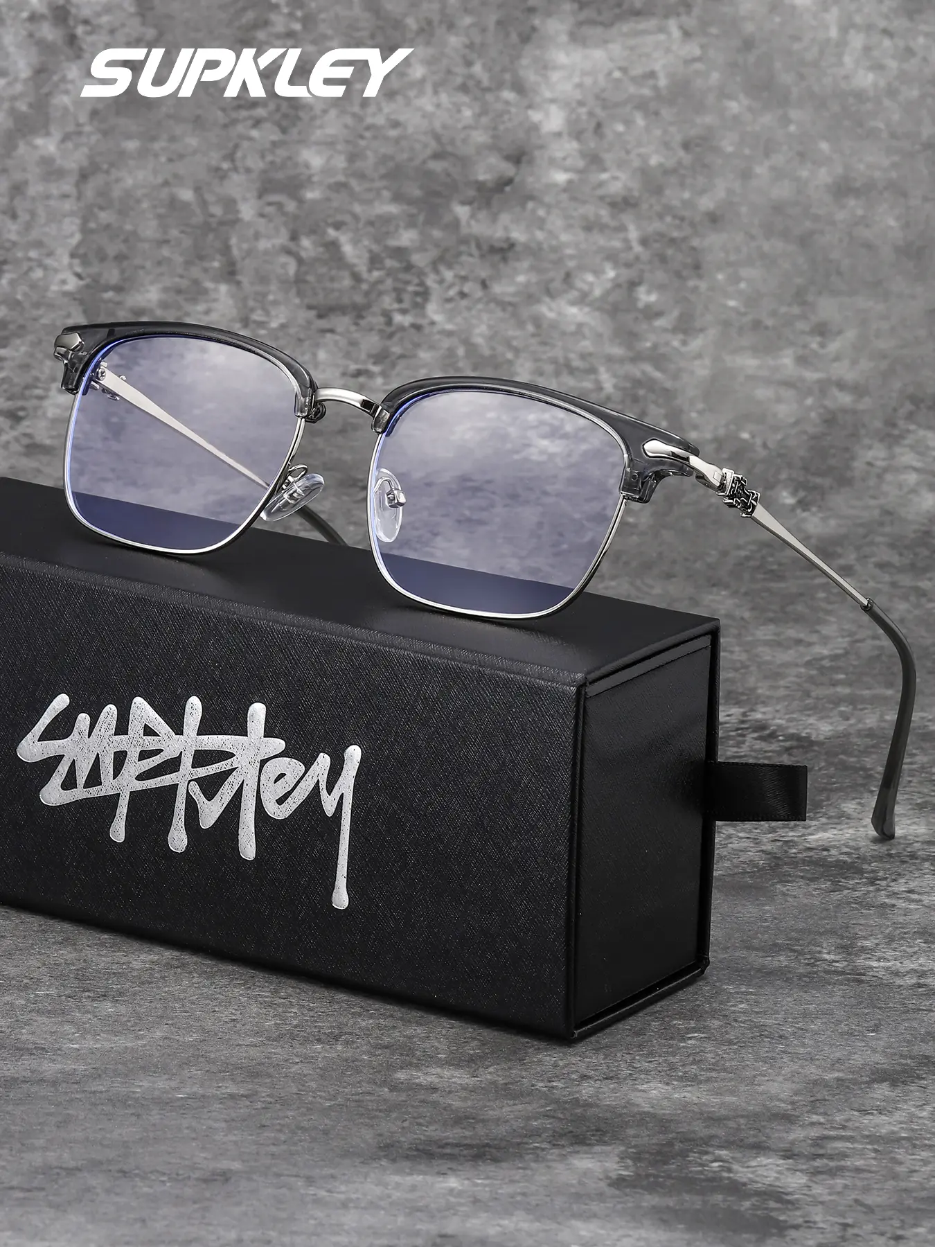 SUPKLEY  Casual College Style Full Frame Men's Glasses, Half Rim Square Stainless Steel Frame, Fashion Decorative, Blue Light Blocking