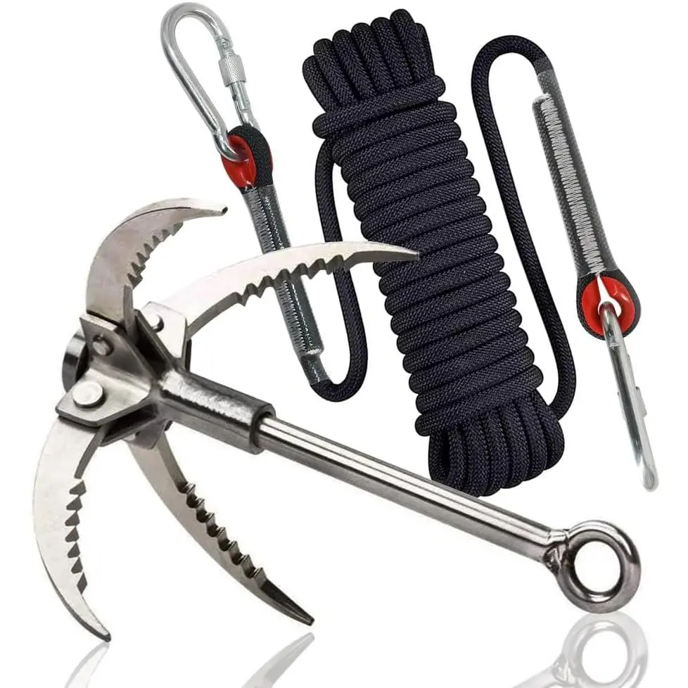 Multifunctional Grappling Hook with 10m Rope, 4 Stainless Steel Folding Claws, Heavy Duty Outdoor Hiking Camping Tree Climbing Equipment, Portable, No, No Warning Applicable
