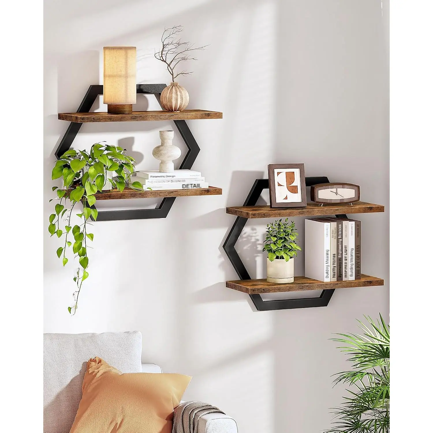 Hexagon Floating Shelves for Wall, Set of 2, 2-Tier Hanging Shelves, Wall Mounted Storage Shelves, for Living Room, Bedroom, Kitchen, Home Office, Study, Rustic Brown and Black TBJ06P2BF