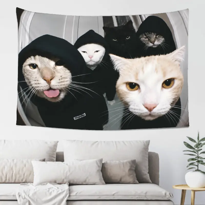 Funny Hooded Cat Gang Tapestry 5ft x 3ft 60in x 40in, Street Style Cat Selfie Wall Hanging Tapestry for Bedroom Dorm Living Room Game Room Backdrop, Peach Skin Fabric Indoor Outdoor Home Decor Wall Art Gift for Cat Lovers