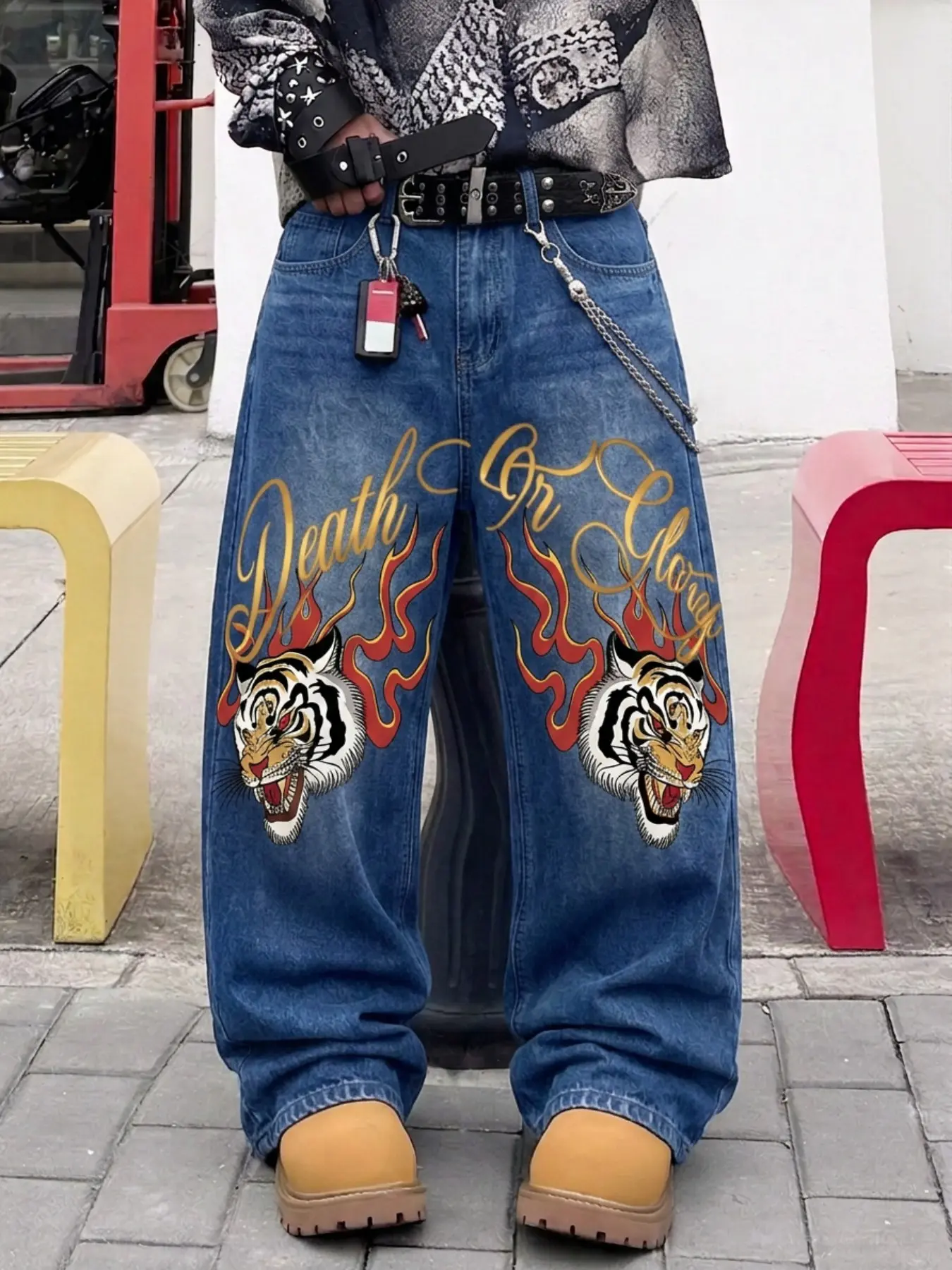 Men's American Style Flame Tiger Head Gold Letter Cotton Washed Wide Leg Zipper Jeans, Vintage Drop Waist Straight Leg Long Pants, Back-To-School Teacher's Day