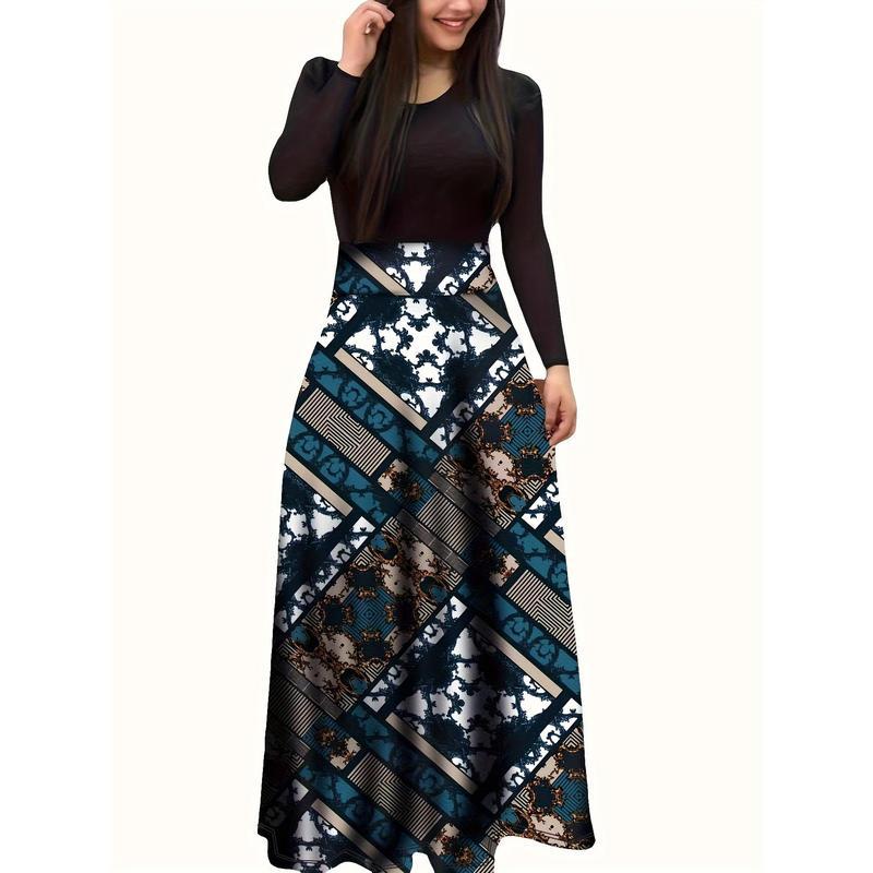 Long Sleeve Elegant Floral Print Maxi Dress, Crew Neck Pleated Women's Clothing Womenswear Geometric
