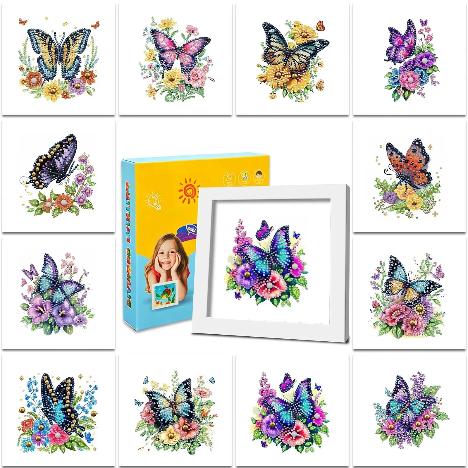 12-Pack Small Diamond Art Kit for Adults Teens 7"x7" | Butterfly Diamond Painting, 5D Partial Round & Special Drills, Desktop & Wall Decor, Beginner DIY Craft, Stress Relief Gift